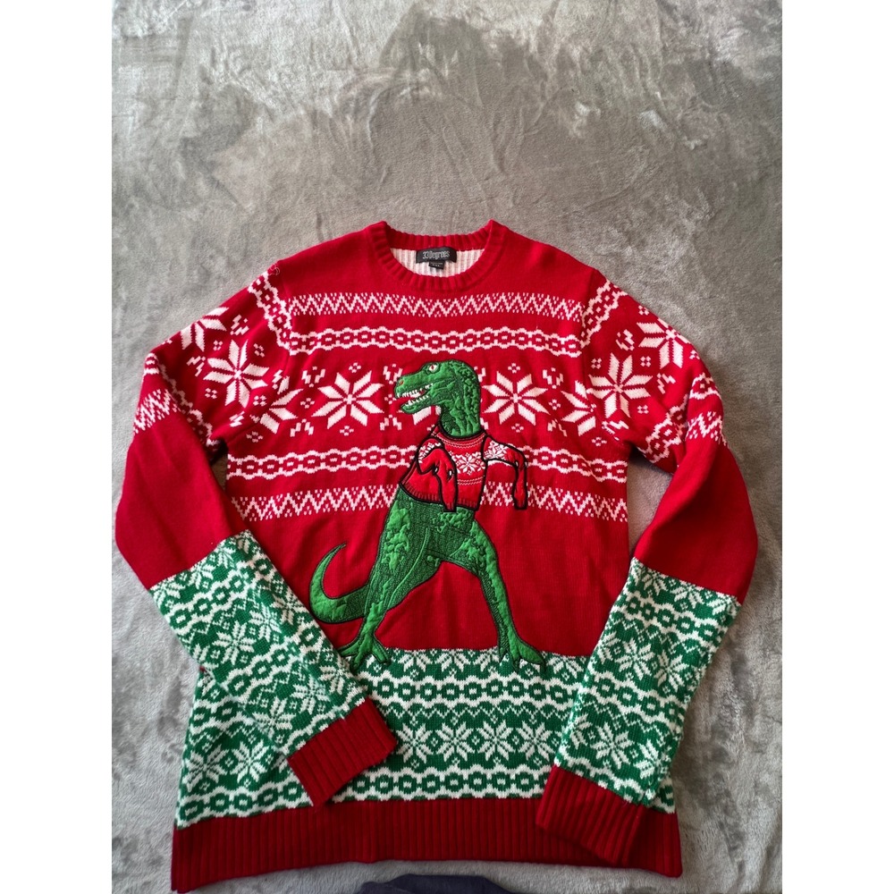 33 Degrees Ugly Christmas Sweater Mens XXL Red T-Rex Dinosaur Fair Isle Holiday